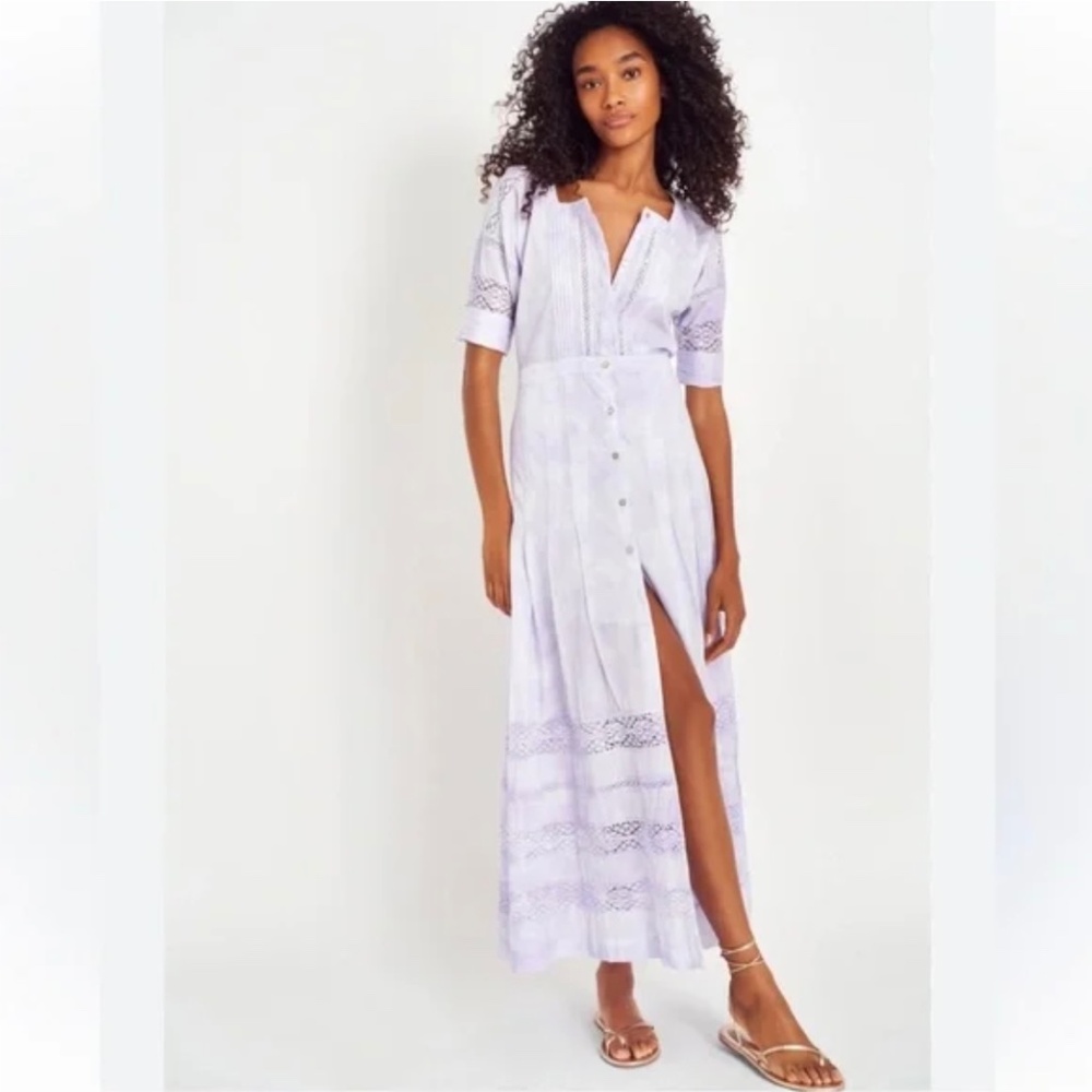 Love Shack Fancy Edie Dress Medium Women's Button Violet Purple Midi Boho New